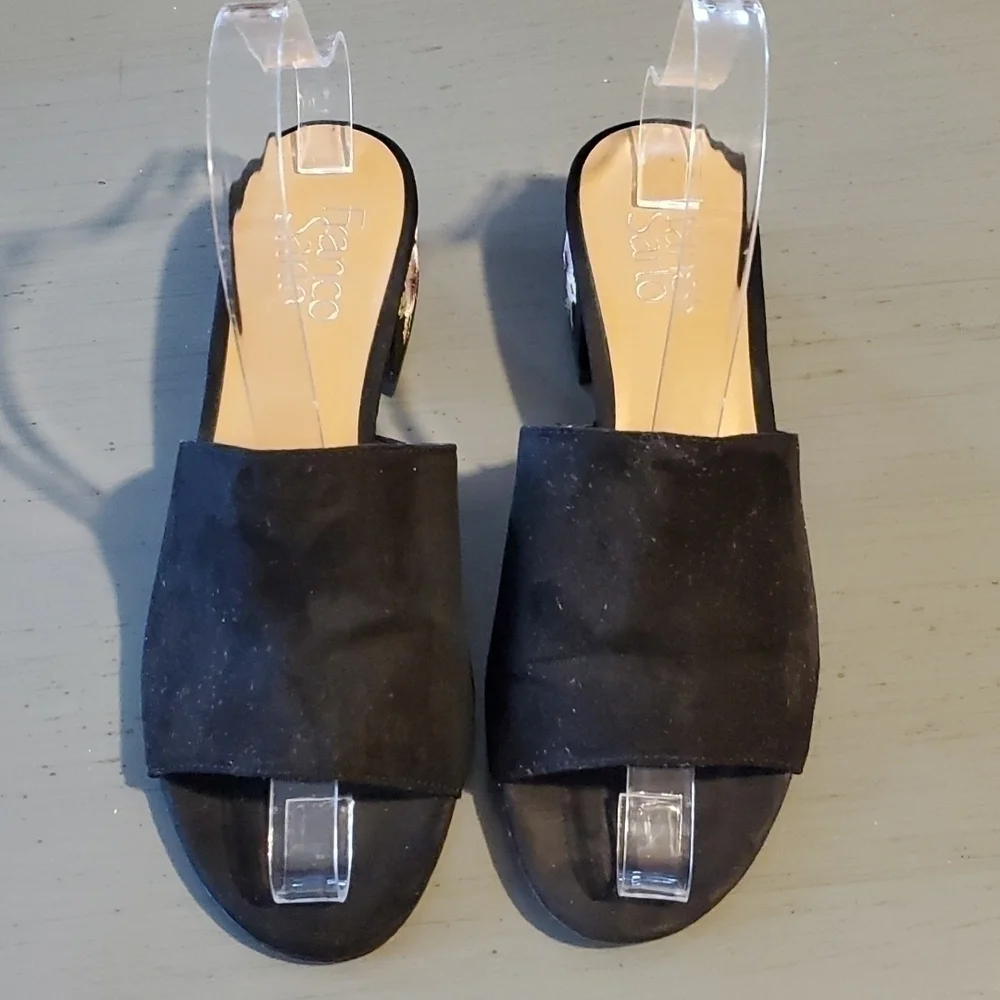 Franco Sarto-  Slides sandal Black Suede embroidered heels slip on women's 7.5